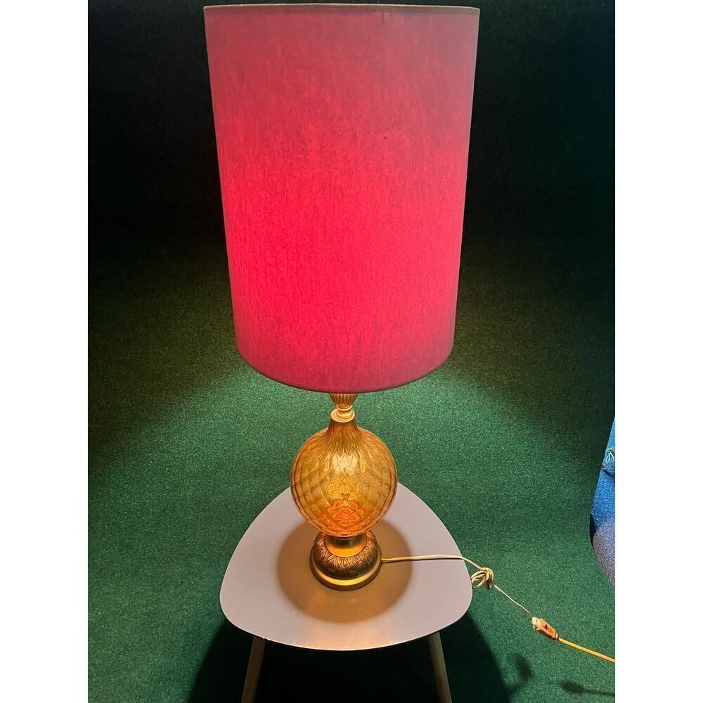 Vintage MCM Hollywood Regency Amber Glass Base Table Lamp with Shade 40"
